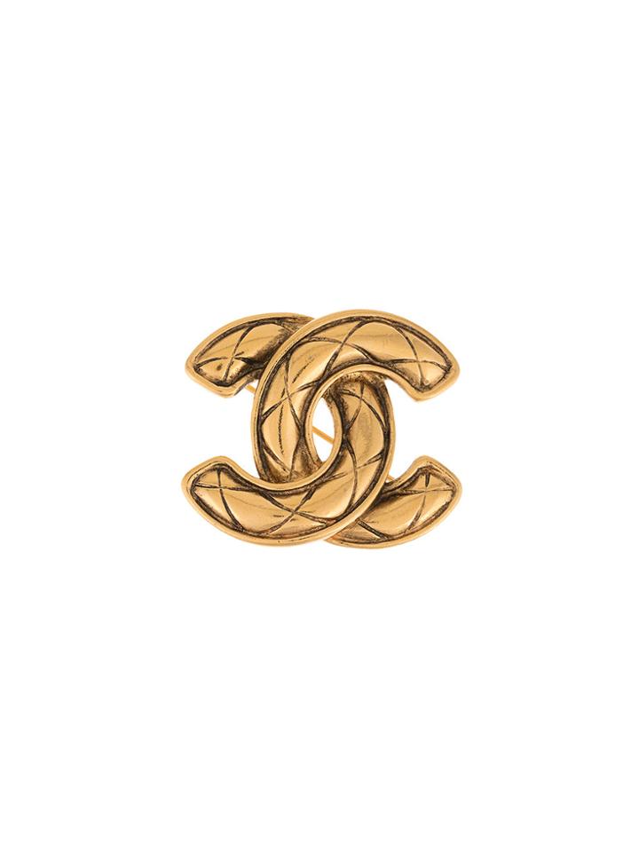 Chanel Vintage Quilted Logo Brooch - Metallic