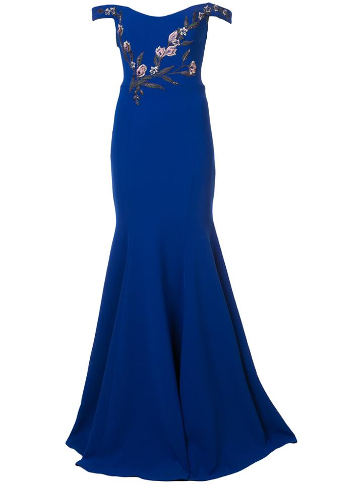 Marchesa Notte Bead Embroidered Off The Shoulder Gown - Blue