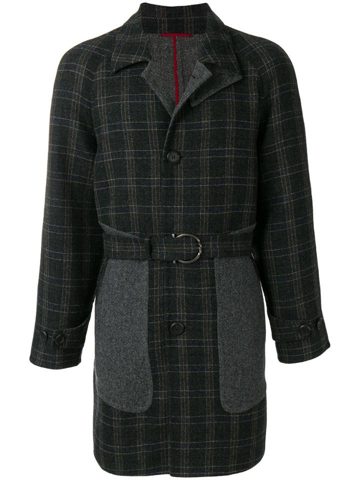 Salvatore Ferragamo Belted Check Coat - Grey