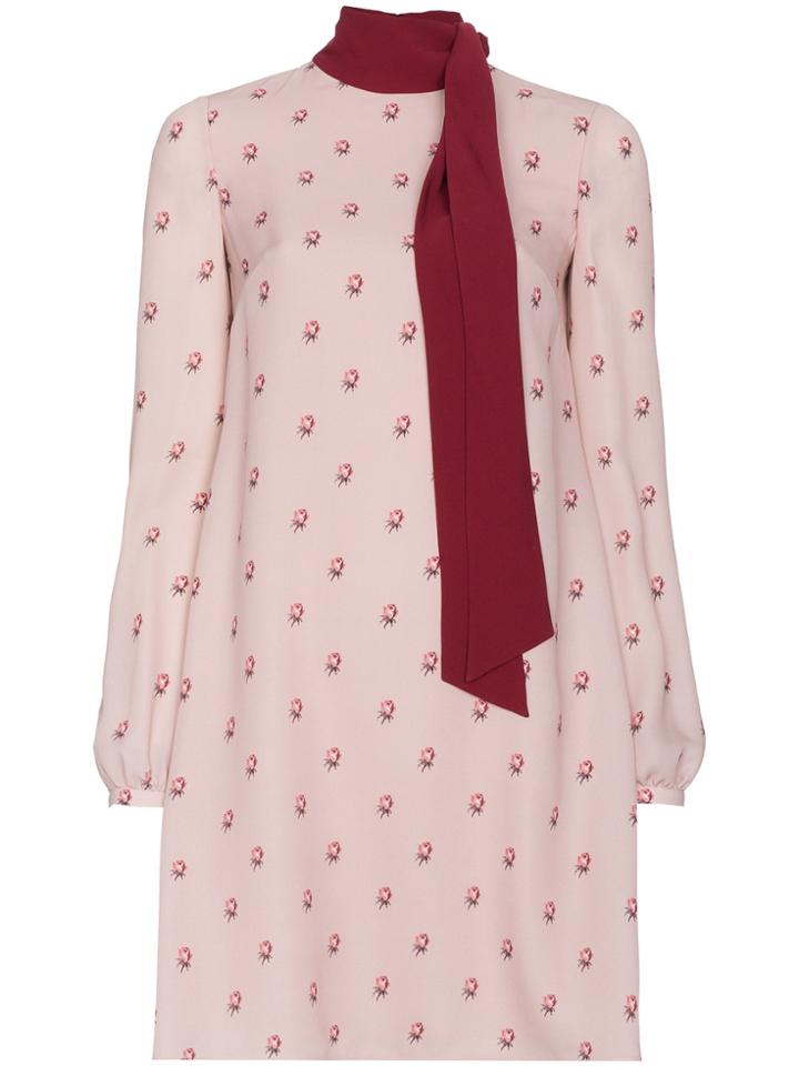 Valentino Silk Rose Print Pussy Bow Dress - Pink & Purple