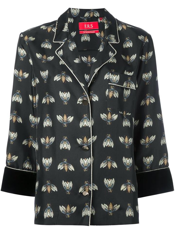 For Restless Sleepers Fly Print Pajama Style Shirt, Women's, Size: Large, Green, Silk