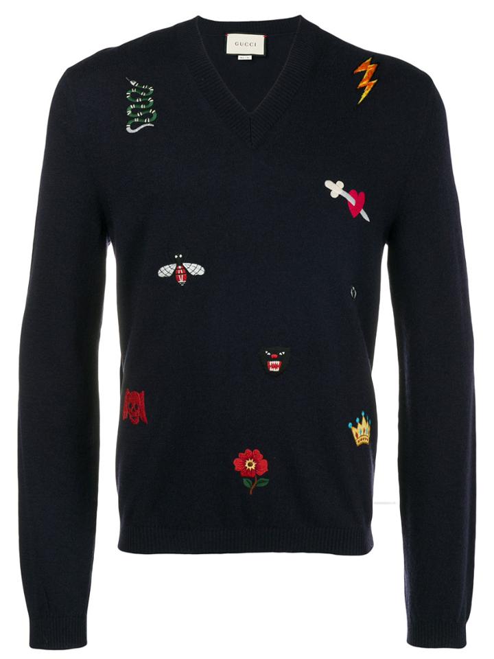 Gucci Embroidered V-neck Sweater - Blue