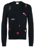 Gucci Embroidered V-neck Sweater - Blue