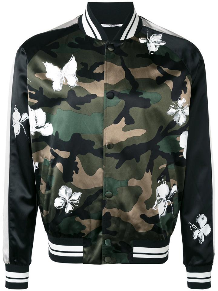 Valentino Mariposa Camouflage Print Bomber Jacket, Men's, Size: 46, Black, Viscose/cotton/polyester/cotton