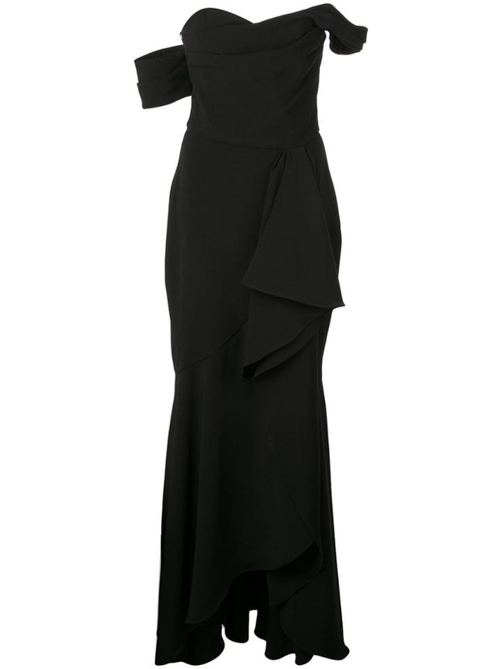 Marchesa Notte Off-shoulder High Low Crepe Draped Gown - Black