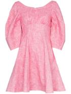 Paper London Bay Puff Sleeve Flared Ramie Mini Dress - Pink & Purple