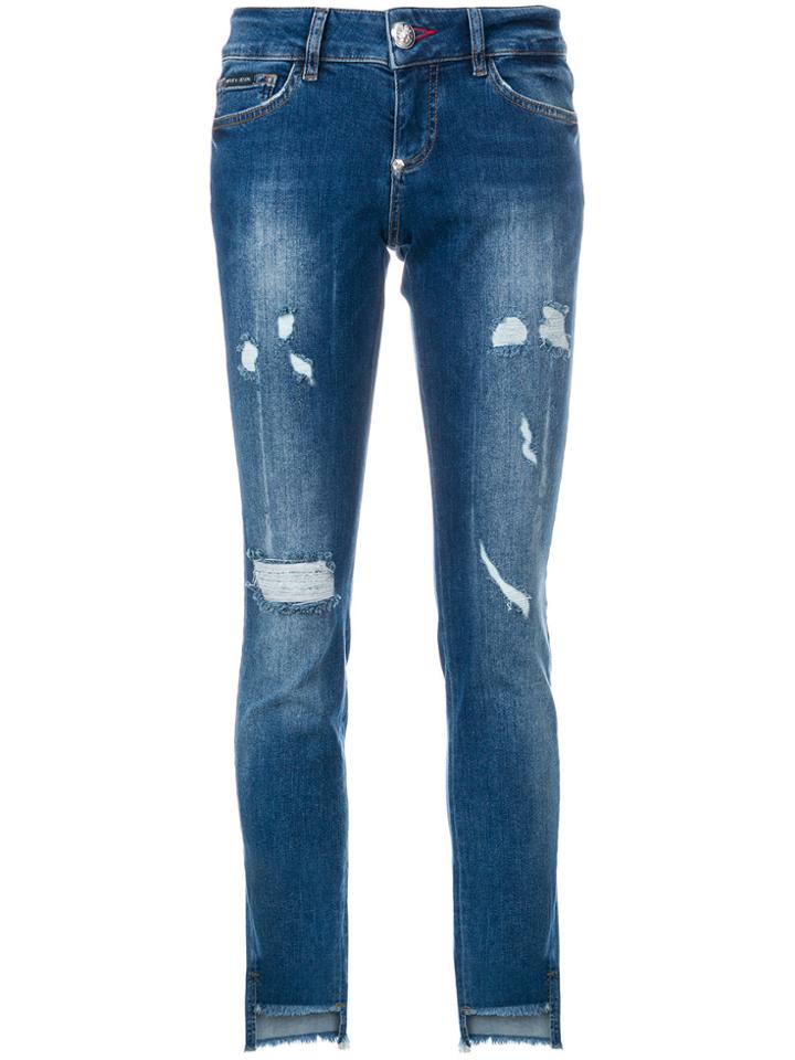 Philipp Plein Distressed High Low Raw Hem Skinny Jeans - Blue