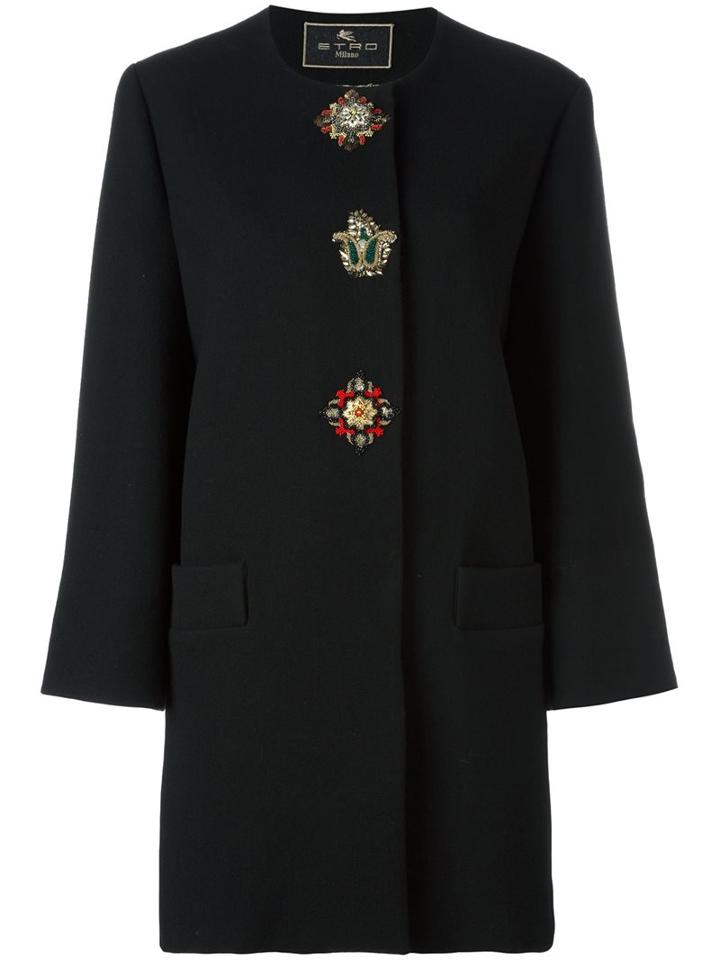Etro Embroidered Detail Coat, Women's, Size: 46, Black, Viscose/wool