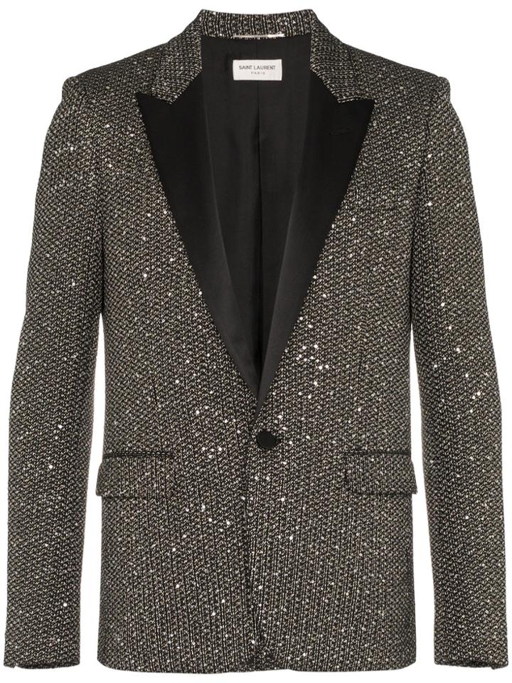 Saint Laurent Single Breasted Sequin Tweed Wool Blend Jacket - Black