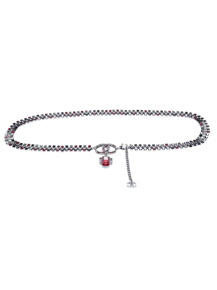 Chanel Vintage Crystal Chain Cc Charm Belt, Women's, Red
