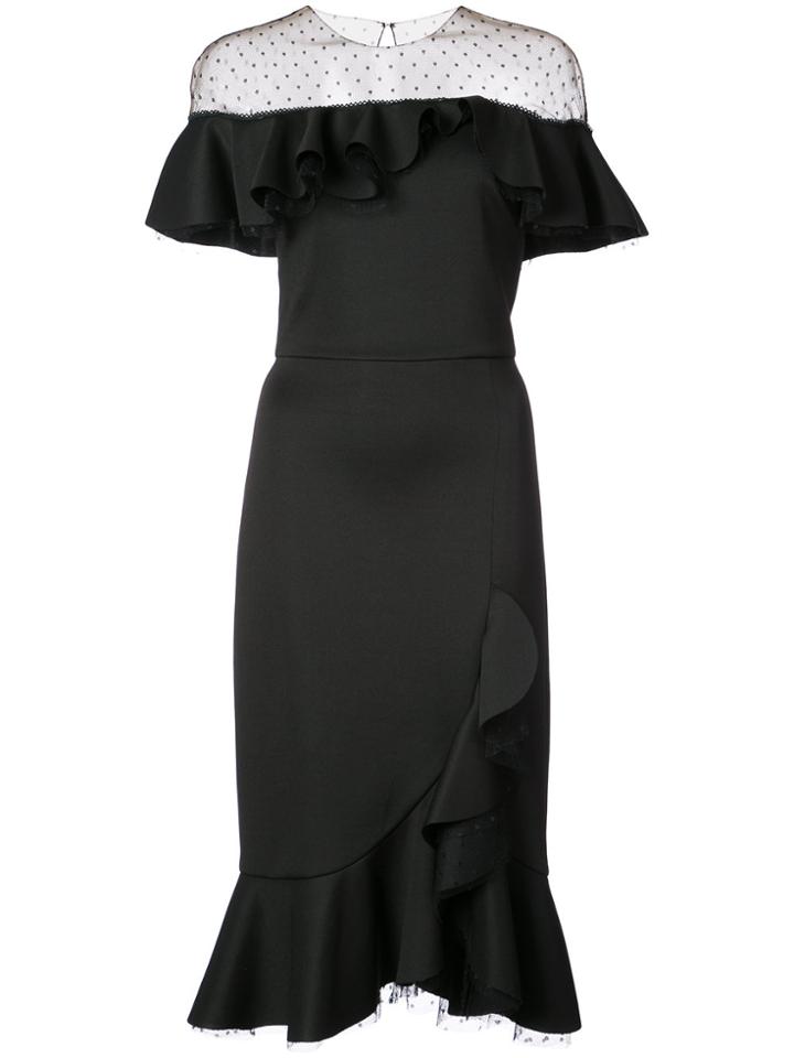 Marchesa Notte Illusion Ruffled Midi Dress - Black