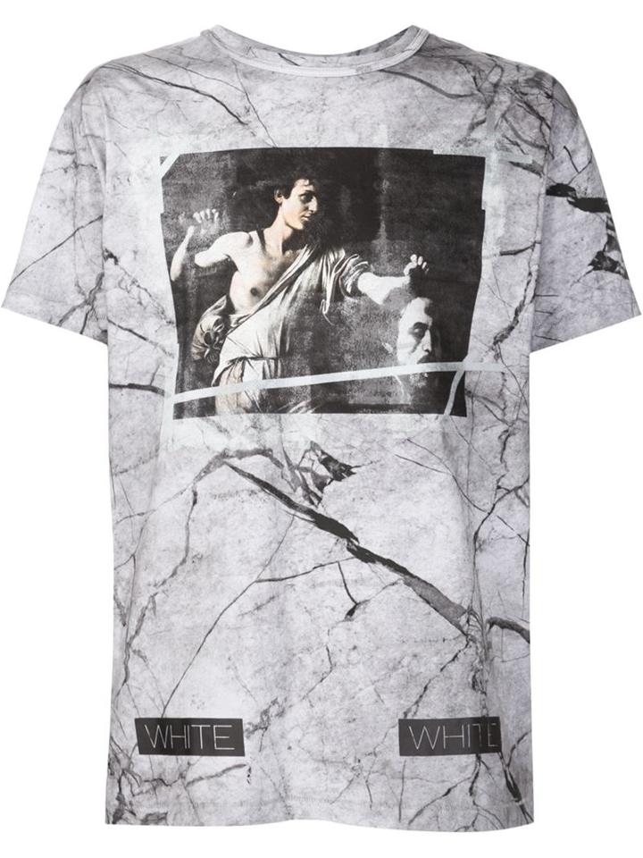 Off-white Marble Print T-shirt, Men's, Size: L, Grey, Cotton