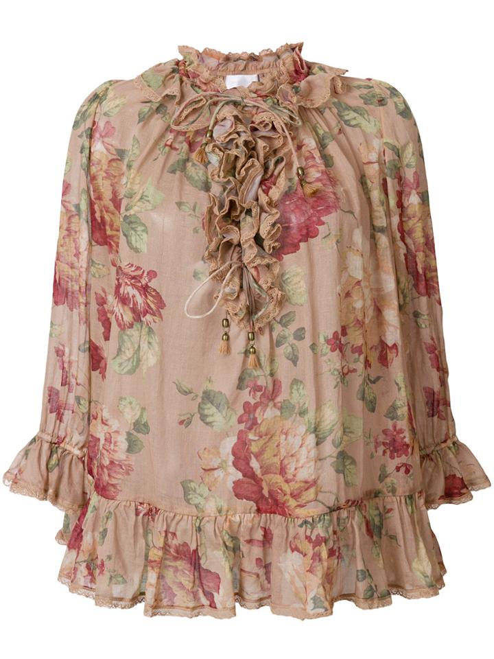 Zimmermann Floral Ruffle Blouse - Brown