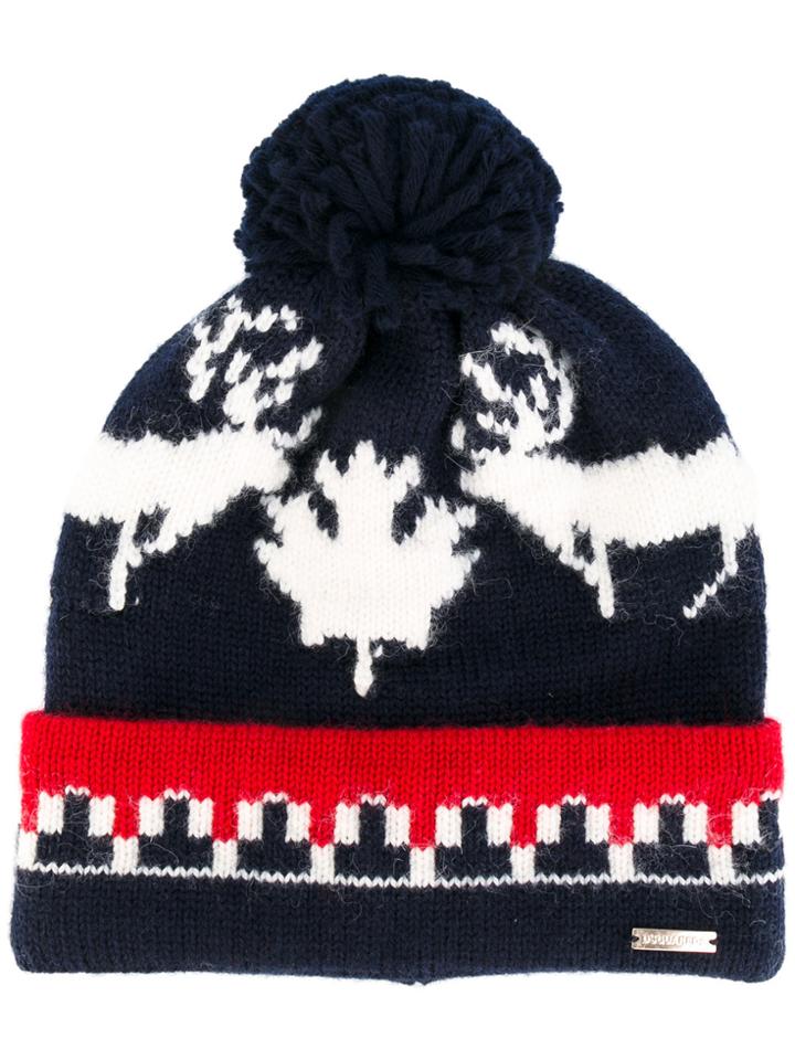 Dsquared2 Intarsia Pompom Beanie Hat - Blue