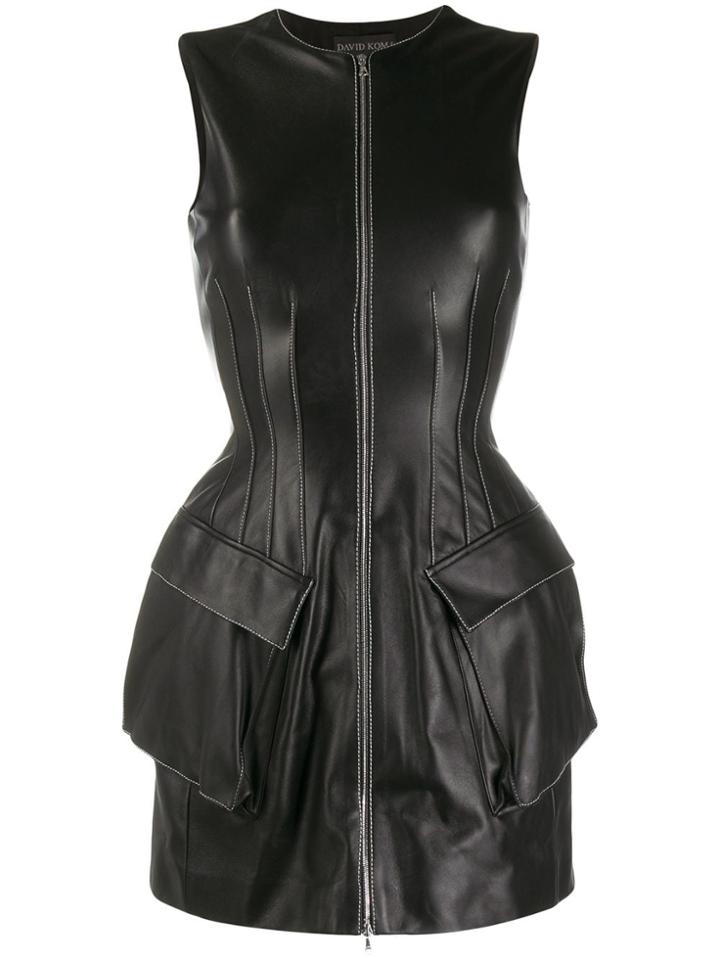 David Koma Structured Leather Mini Dress - Black