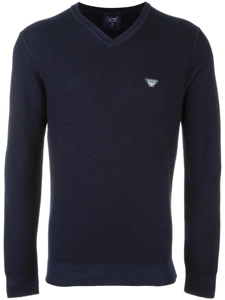Armani Jeans V Neck Fine Knit Jumper, Men's, Size: Medium, Blue, Wool