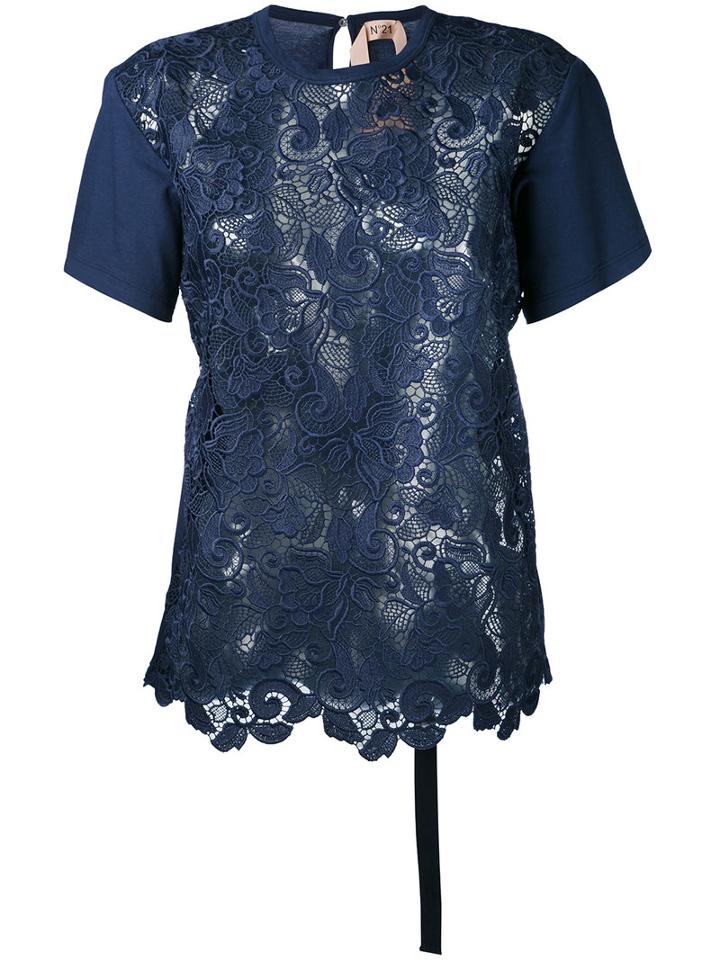 No21 - Jersey-panelled Lace Top - Women - Cotton/polyester - 44, Blue, Cotton/polyester