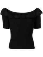 Red Valentino Floral Topstitching Ribbed Top - Black
