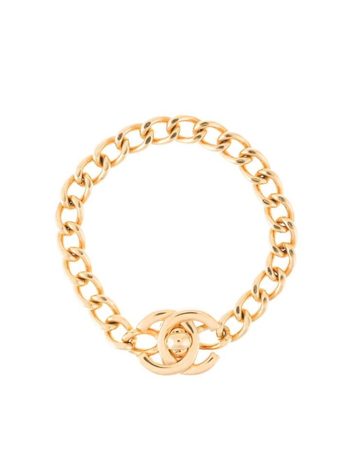 Chanel Pre-owned Cc Logos Turnlock Motif Charm Gold Chain Bracelet