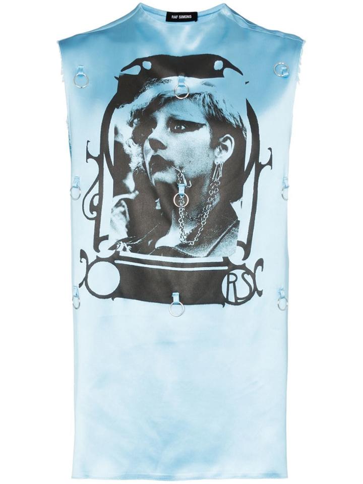 Raf Simons Graphic Print Hoop Embellished Sleeveless Satin T-shirt -