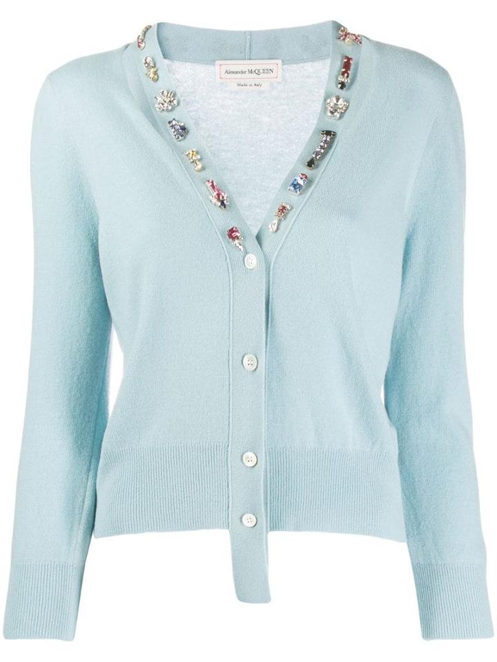 Alexander Mcqueen Embellished V-neck Cardigan - Blue