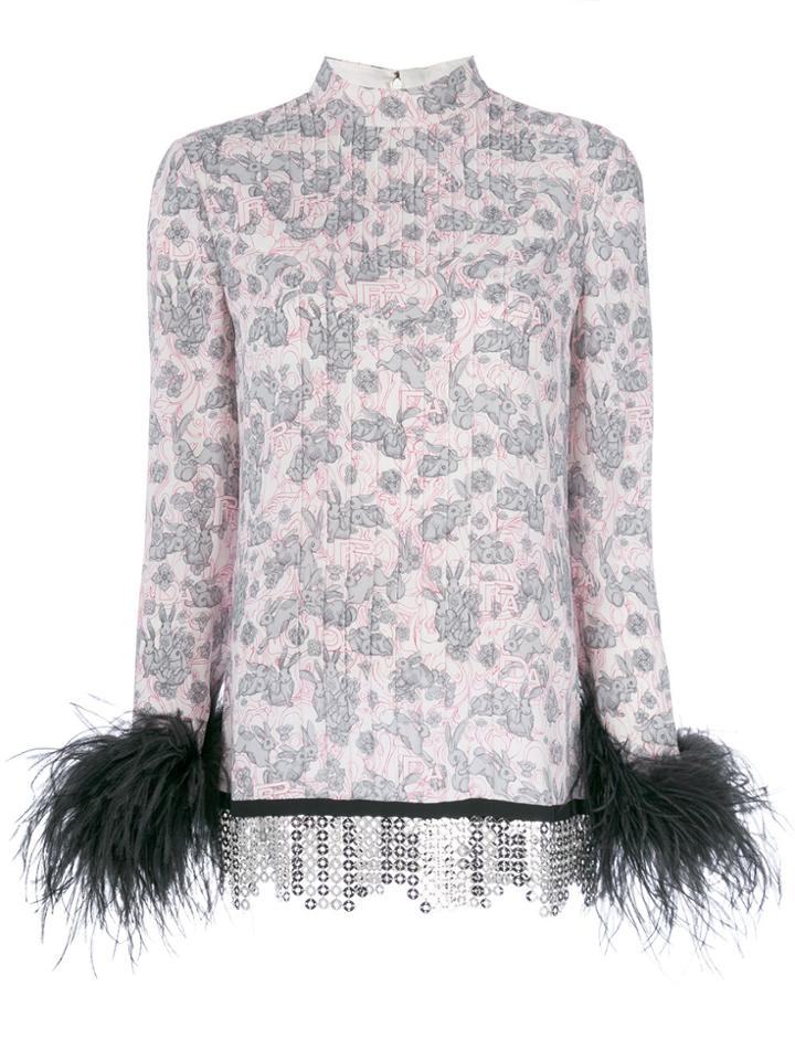 Prada Rabbit Print Feather Trim Blouse - White