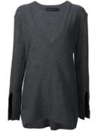 Calvin Klein Collection Longsleeved V-neck Knitted Blouse, Women's, Size: Small, Grey, Wool