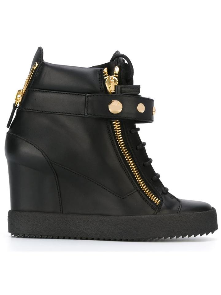 Giuseppe Zanotti Design Wedge Hi-top Sneakers, Women's, Size: 40, Black, Leather/rubber