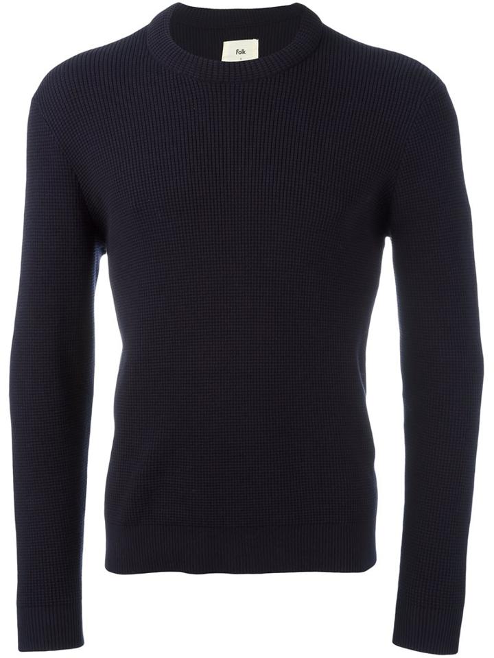 Folk Waffle Knit Jumper, Men's, Size: 2, Blue, Cotton/spandex/elastane