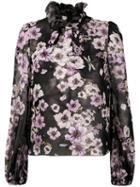 Giambattista Valli - Floral Print Ruffle Neck Blouse - Women - Silk - 42, Black, Silk