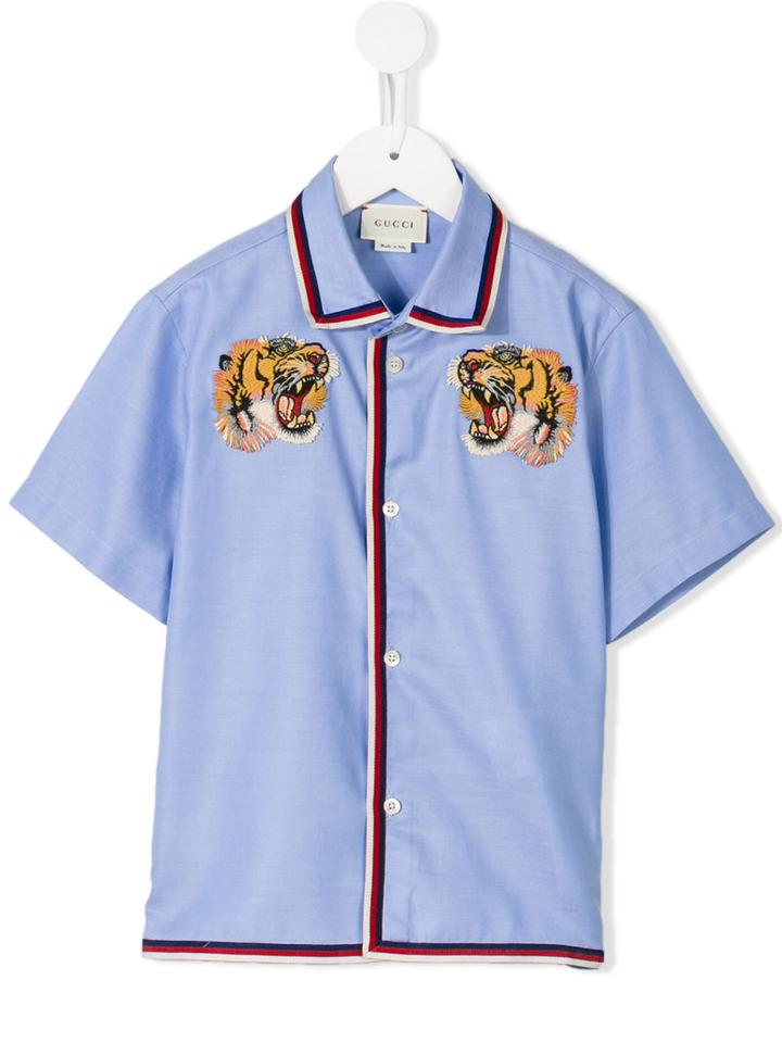 Gucci Kids Tiger Embroidered Shirt, Boy's, Size: 10 Yrs, Blue