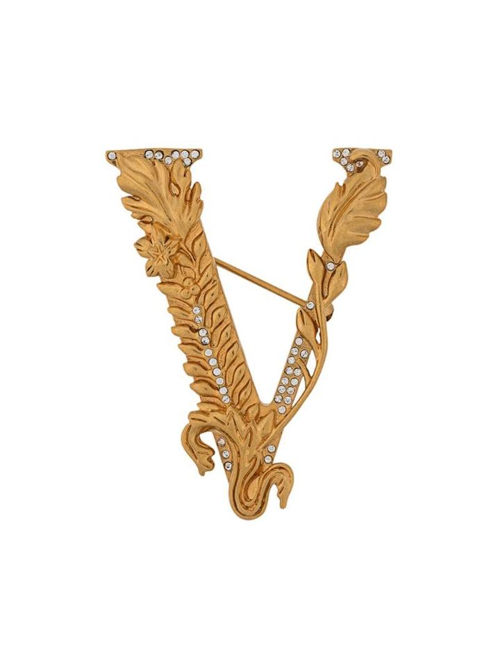 Versace V Leaf Logo Brooch - Gold