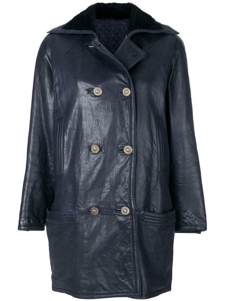 Versace Pre-owned Double-breasted Leather Coat - Blue