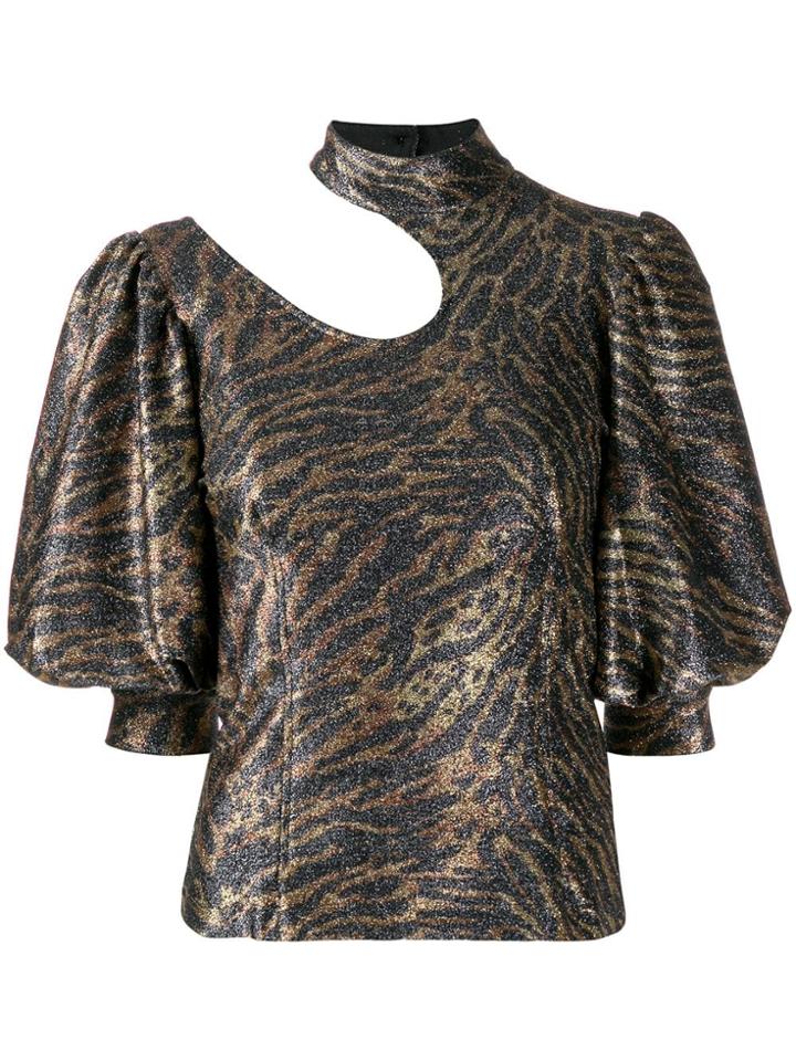 Ganni Animal Print Cut Out Blouse - Gold