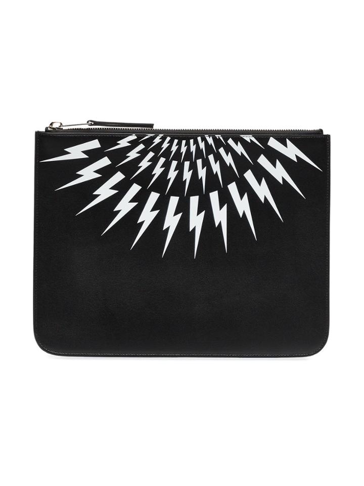 Neil Barrett Black And White Thunderbolt Leather Pouch Clutch