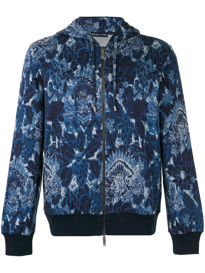 Etro Floral Print Zipped Hoodie, Men's, Size: Xl, Blue, Cotton/polyamide