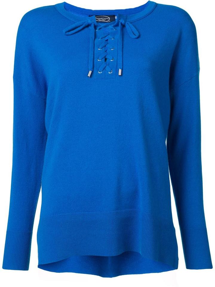 Magaschoni Lace-up Round Neck Jumper, Women's, Size: Xs, Blue, Cashmere