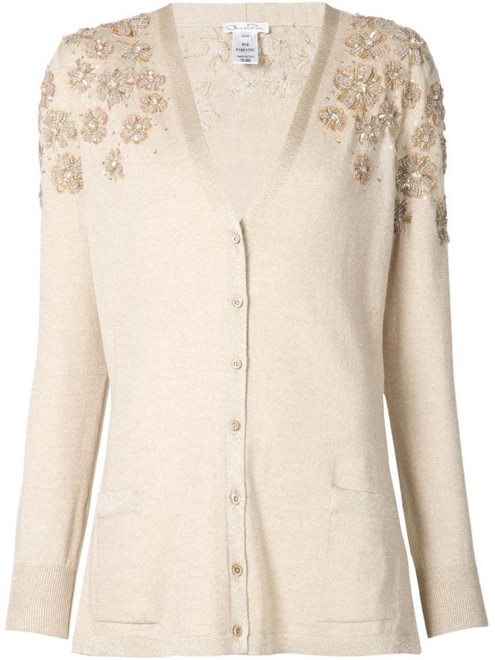 Oscar De La Renta Sequin Embellished Cardigan, Women's, Size: Large, Nude/neutrals, Nylon/polyester/viscose/virgin Wool