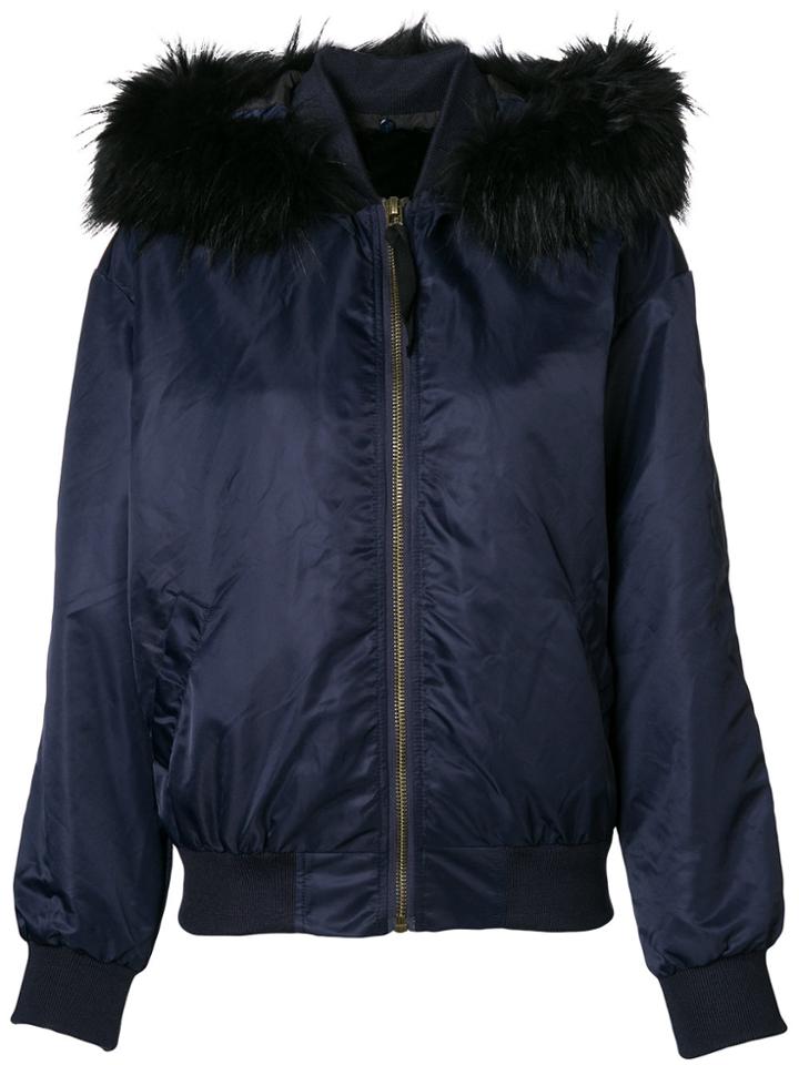 Liska Fur Hooded Bomber Jacket - Blue