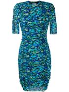 Ganni Ruched Floral Mini Dress - Blue