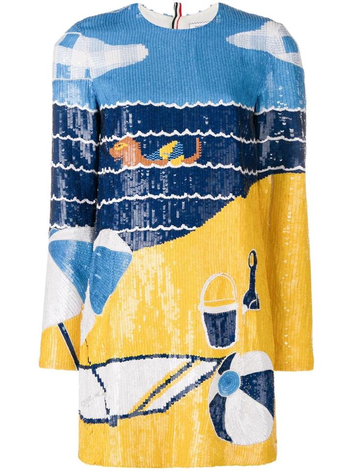 Thom Browne Sequin Beach Scene Shift Dress - Blue