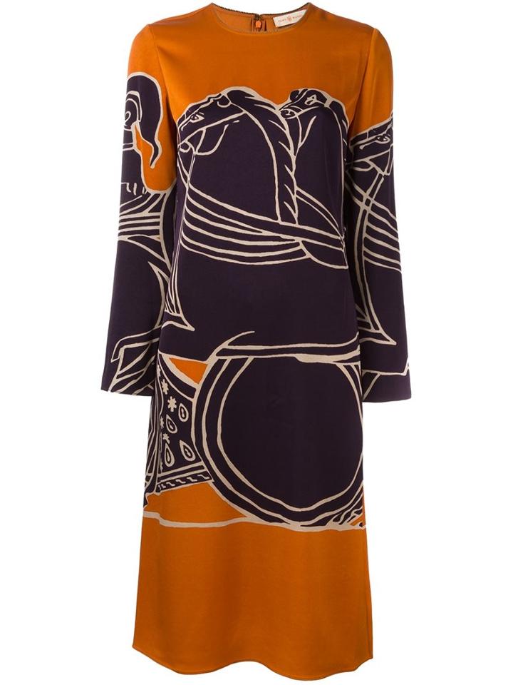 Tory Burch 'horses' Print Longsleeved Dress, Women's, Size: 8, Yellow/orange, Polyester/triacetate