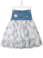 Monnalisa Teen Denim Skirt With Floral Tulle Hem - Blue