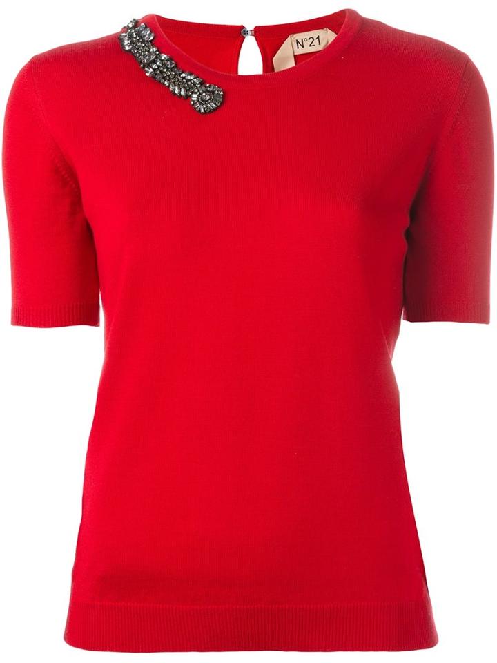 No21 Embellished Neck Knitted T-shirt, Women's, Size: 40, Red, Pvc/virgin Wool/metal/glass