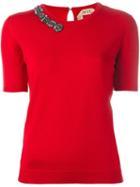No21 Embellished Neck Knitted T-shirt, Women's, Size: 40, Red, Pvc/virgin Wool/metal/glass