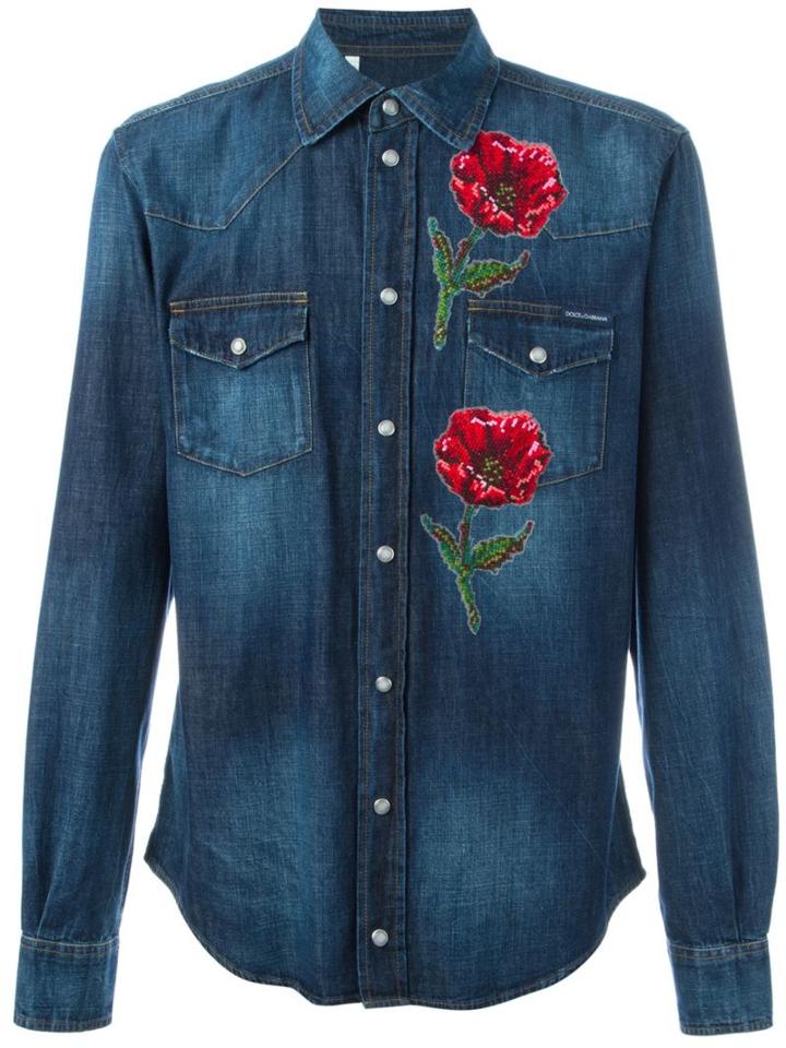 Dolce & Gabbana Embroidered Poppy Denim Shirt, Men's, Size: 40, Blue, Cotton/polyester/glass/crystal