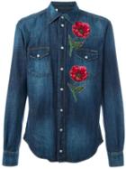 Dolce & Gabbana Embroidered Poppy Denim Shirt, Men's, Size: 40, Blue, Cotton/polyester/glass/crystal
