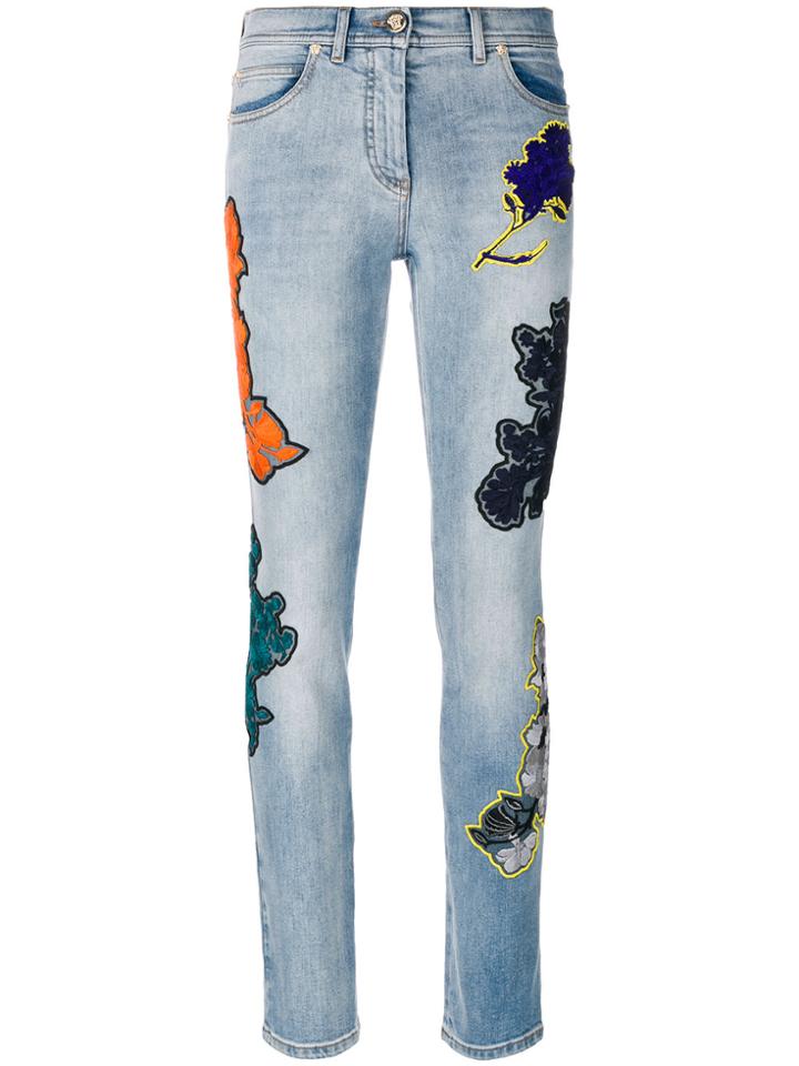 Versace Florage Flower Embroidered Jeans - Blue
