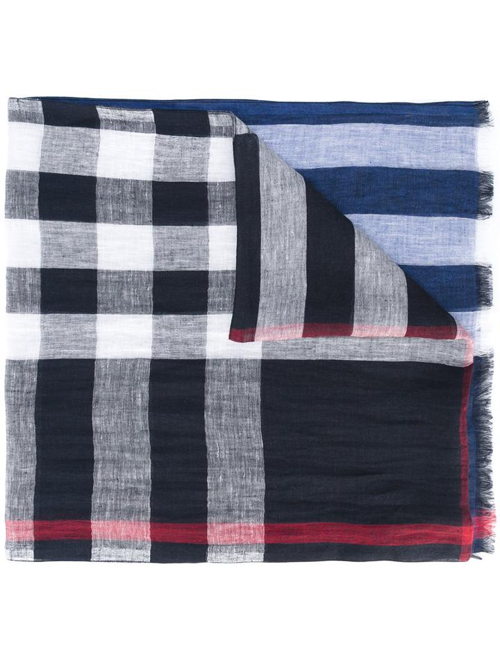 Burberry - Check Panel Scarf - Men - Linen/flax - One Size, Blue, Linen/flax