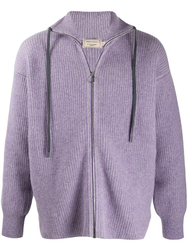 Maison Kitsuné Ribbed Knit Zipped Cardigan - Purple